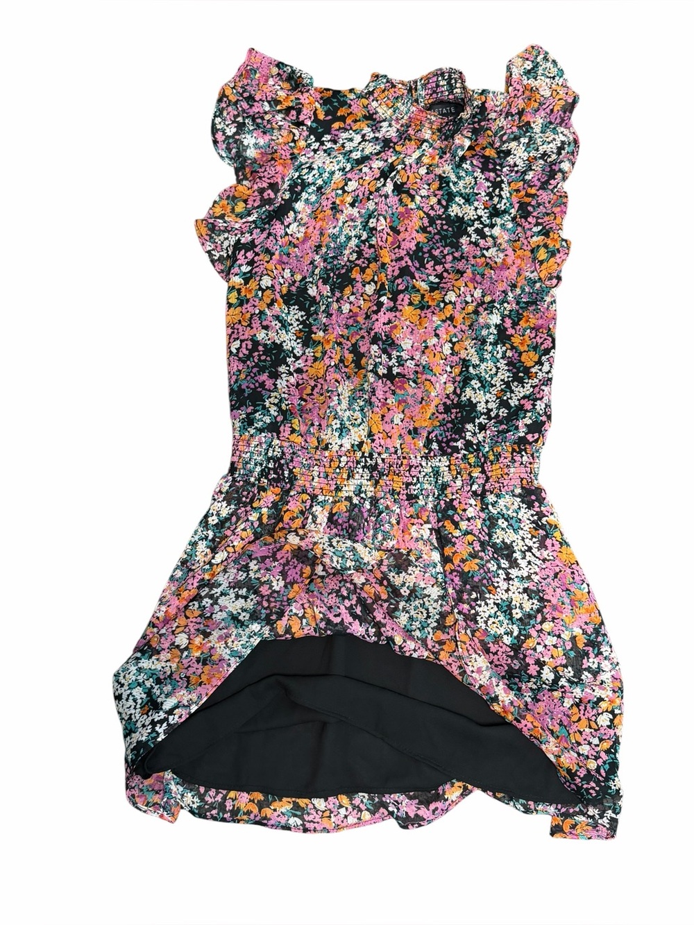 1.STATE Floral Smocked Mock Neck Ruffle Sleeve Mini Dress Black Pink Size Small - Picture 7 of 9